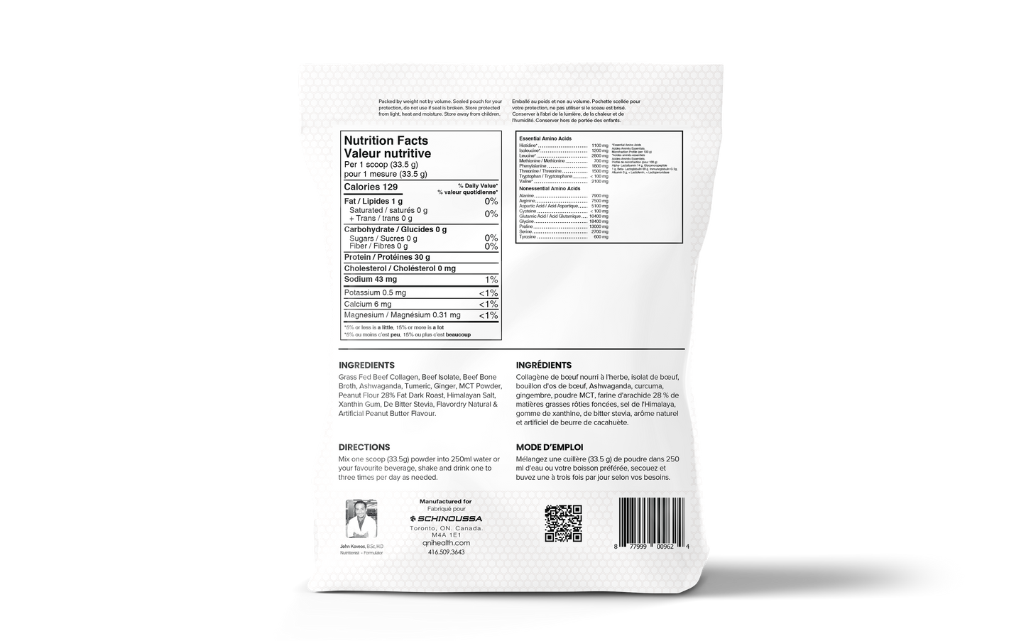 Nutrition facts and ingredients for beef protein peanut butter chocolate powder package.