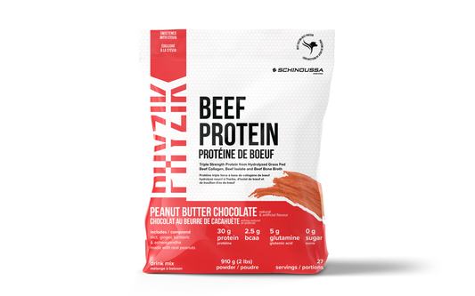 Beef Protein Powder in Peanut Butter Chocolate flavor, perfect for muscle gain, gluten-free and paleo-friendly.